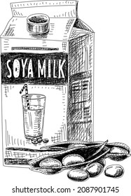 Soya Milk Carton Box. Sketchy Hand-drawn Vector Illustration.