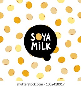 Soya Milk Logo On Soy Bean Seamless Pattern Background.