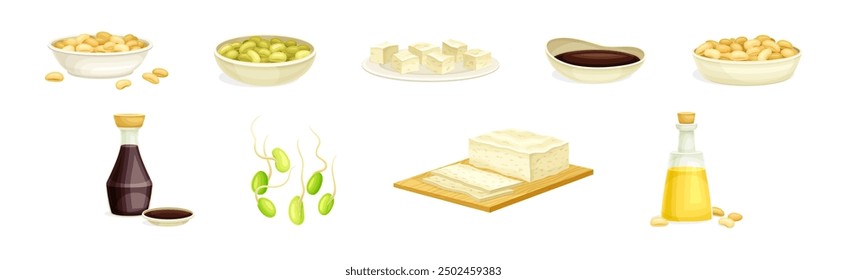 Soya Product from Edible Legume Plant Vector Set