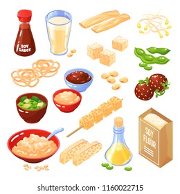 Soya products isolated icons set of cheese meatballs noodle flour milk oil sauce vector illustration