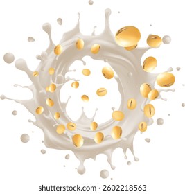 soybean beans air rotating with soy milk splash on white background