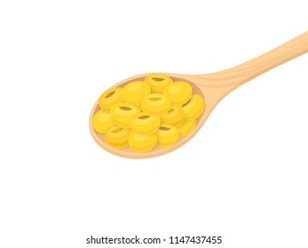 Soybean, Beans in a wooden spoon Flat design, isolated white background.