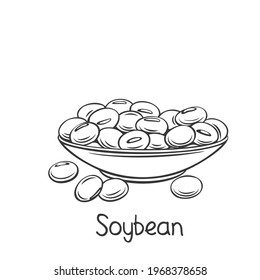 Soybean In Bowl Outline Icon. Drawingn Monochrome Soy Product Vector Illustration. Dry Edamame Beans Icon.