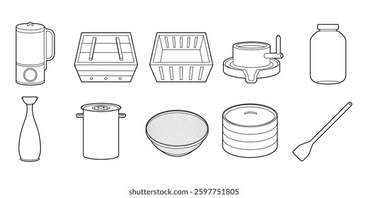 Soybean Cooking Utensils Outline Vector Set Illustration