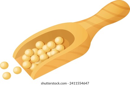 Soybean icon, concept vegetarian food bob on wooden kitchen spatula, organic soy nut cartoon vector illustration, isolated on white. Foodstuff grown plant, vegan pod grain for cooking.