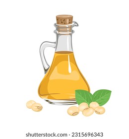 Soybean oil in glass bottle. Vector cartoon illustration of healthy organic food