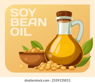 Soybean Oil Healthy Cooking Oil Vector Illustration. Versatility and nutritional value of soybean oil. Golden-yellow liquid in glass decanter with bowl of fresh soybeans and green leaves