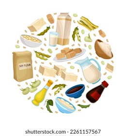 Sojabohnenerzeugnisse in runder Form. Tofu-Käse, Milch, Sojabohnen, Tempo, Miso, Öl gesunde Eiweißmehl-Banner, Plakat, Kartendesign-Cartoon, Vektorgrafik