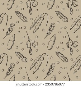 Soybean Seamless pattern with beans soya hand drawn vector illustration. Repeating background with soya plant. Food, natural protein, seed harvest. For print, label, template, packaging, design