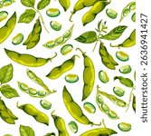 Soybean seamless pattern. Vector flat cartoon illustration of soya beens, pod on green plant and seeds . Food vegetarian organic products. Fabric design, wrapping paper, textile print