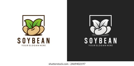 Logotipo de la semilla de soja y hojas verdes naturales, Ilustración vectorial del icono de la comida sana del frijol