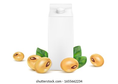 Soybean seed set with packaging mock up in 3d illustration. Realistic vector in 3D elements.