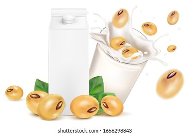 Soybean seed set splashing with glass and packaging mock up in 3d illustration. Realistic vector in 3D elements.