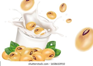 Soybean seed set splashing with glass in 3d illustration. Realistic vector in 3D elements.