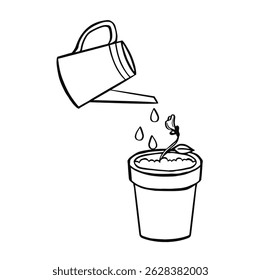 Soybean seedling watered with watering can doodle black and white vector