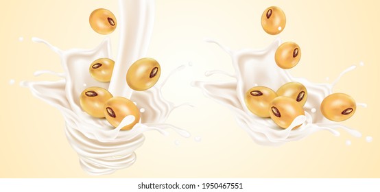 Soybean with soy milk splashing isolated on solid color background. Realistic vector in 3D elements.