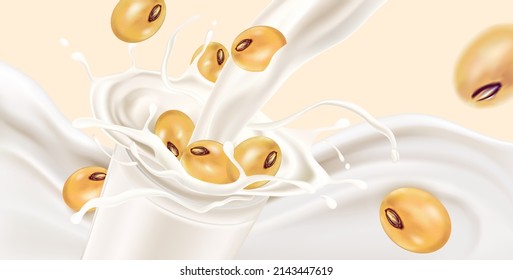 Soybean with soy milk splashing isolated on solid color background. Realistic vector in 3D elements. Food and Drink concepts.