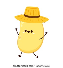 Soybean Vector. Soybean Character Design. Soybean Cartoon In Farmer Hat.