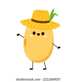 Soybean Vector. Soybean Character Design. Soybean Cartoon In Farmer Hat.