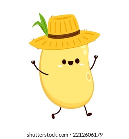 Soybean Vector. Soybean Character Design. Soybean Cartoon In Farmer Hat.