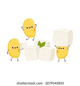 Soybean vector. Soybean character design. White Tofu vector. Tofu cartoon style isolated on white background. Vegetarian nutrition, healthy food.