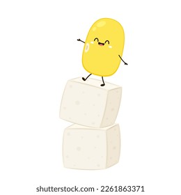 Soybean vector. Soybean character design. White Tofu vector. Tofu cartoon style isolated on white background. Vegetarian nutrition, healthy food.