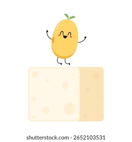 Soybean vector. Soybean character design. White Tofu vector. Tofu cartoon style isolated on white background. Vegetarian nutrition, healthy food.