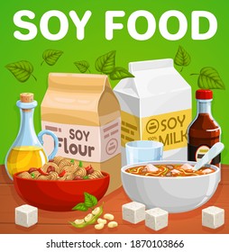 Soybean Vegetarian Food Products. Soy Flour Paper Sack, Packet Of Soymilk, Tofu Cheese, Oil And Sauce Bottle, Edamame, Noodles And Soup Bowls Cartoon Vector. Vegan Food Shop Banner