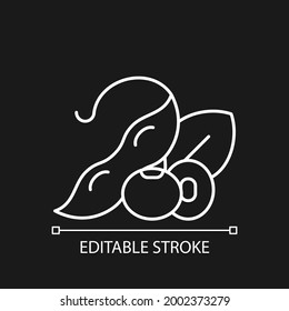 Soybean white linear icon for dark theme. Healthy foods. Natural milk source. Thin line customizable illustration. Isolated vector contour symbol for night mode. Editable stroke