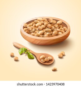 Soybean in wooden bowl and spoon in 3d illustration