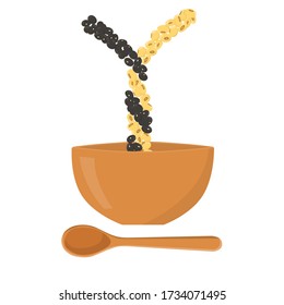 soybeans and black beans falling into a wooden bowl and a wooden spoon