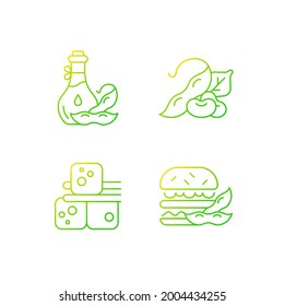 Soybeans cooking gradient linear vector icons set. Healthy meals with organic ingredients. Tofu cubes preparation. Thin line contour symbols bundle. Isolated vector outline illustrations collection