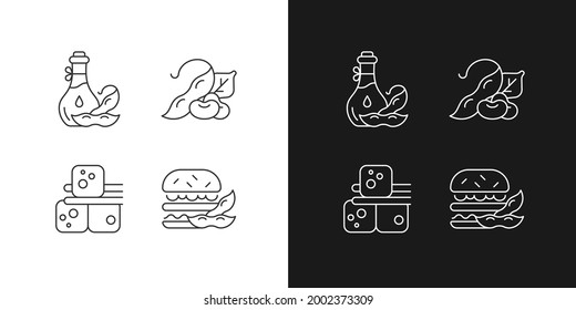 Soybeans cooking linear icons set for dark and light mode. Vegeterin lifestyle. Tofu cubes preparation. Customizable thin line symbols. Isolated vector outline illustrations. Editable stroke