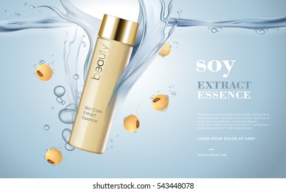 Soybeans cosmetic ads, essence bottle with soybeans elements in the clear water in 3d illustration