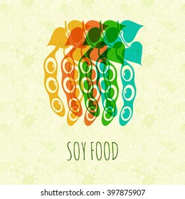 Soybeans on abstract background with leaves. Vector illustration.