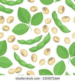 Soybeans, pods and green leaves seamless pattern. Vector illustration of legumes on white background. Cartoon simple flat style.