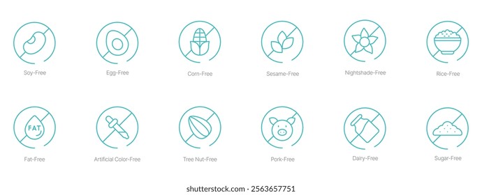 Soy-Free, Egg-Free, Corn-Free, Sesame-Free, Nightshade-Free, Rice-Free, Fat-Free, Artificial Color-Free, Tree Nut-Free, Pork-Free, Dairy-Free, and Sugar-Free Vector Icon Set 