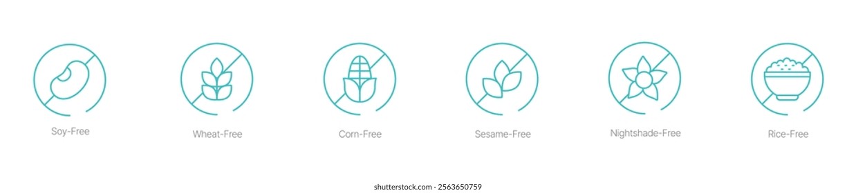 Soy-Free, Wheat-Free, Corn-Free, Sesame-Free, Nightshade-Free, and Rice-Free Vector Icon Set for Allergy-Safe Food Labeling