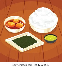 Gema de ovo marinado de soja em ilustração de vetor de arroz. Cozinha asiática, com gemas de ovos marinadas, arroz, folhas de algas marinhas e molho de imersão. Perfeito para menus de comida e projetos culinários.