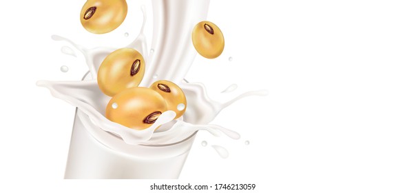 Soymilk with soy seeds splashing on glass isolated on white background. Realistic vector in 3D elements.