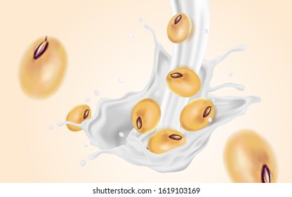 Soymilk with soybeans and milk splashing in 3d illustration. Realistic vector elements.