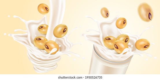 Soymilk with soybeans splashing in 3d illustration. Realistic vector elements.