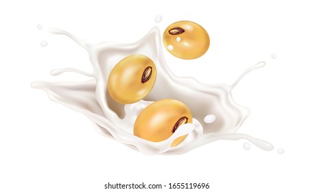 Soymilk splashing with soybeans in 3d illustration. Realistic vector elements.