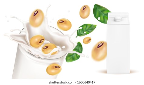 Soymilk splashing with soybeans and packaging mock up isolated on white background. Realistic vector in 3D elements.