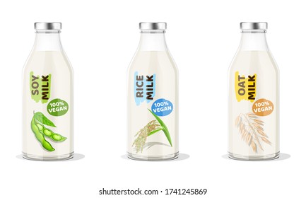 Soy-Rice-Oat Vegetarian Milk Bottles. Vector Illustration.