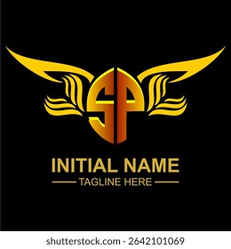 SP Golden Wing Emblem Logo with elegant gold wings, sleek and modern design. Ideal for branding, creative projects, luxury businesses, or artistic ventures.