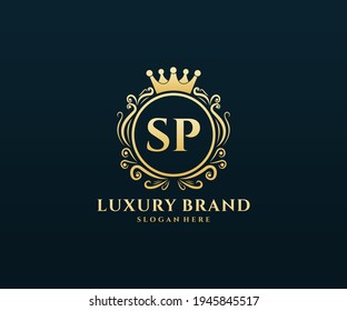 SP Initial Letter, Gold text with feminine floral hand drawn heraldic monogram, Antique vintage style luxury logo design.