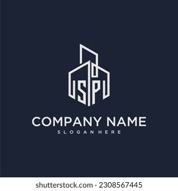 SP initial monogram logo for real estate with building style