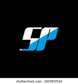 Diseño del logotipo de la letra SP sobre fondo negro. Concepto del logotipo de la letra creativa del SP. Diseño de iconos SP. Diseño de iconos de letras blancas y azules en fondo negro. S P	