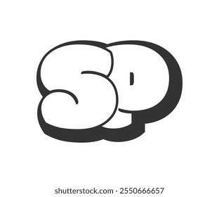 SP logo, bubble comic lettering, rounded in graffiti style black and white silhouette. Trendy preschool S and P letter text for festival party, personal initials, children funky print and web. 